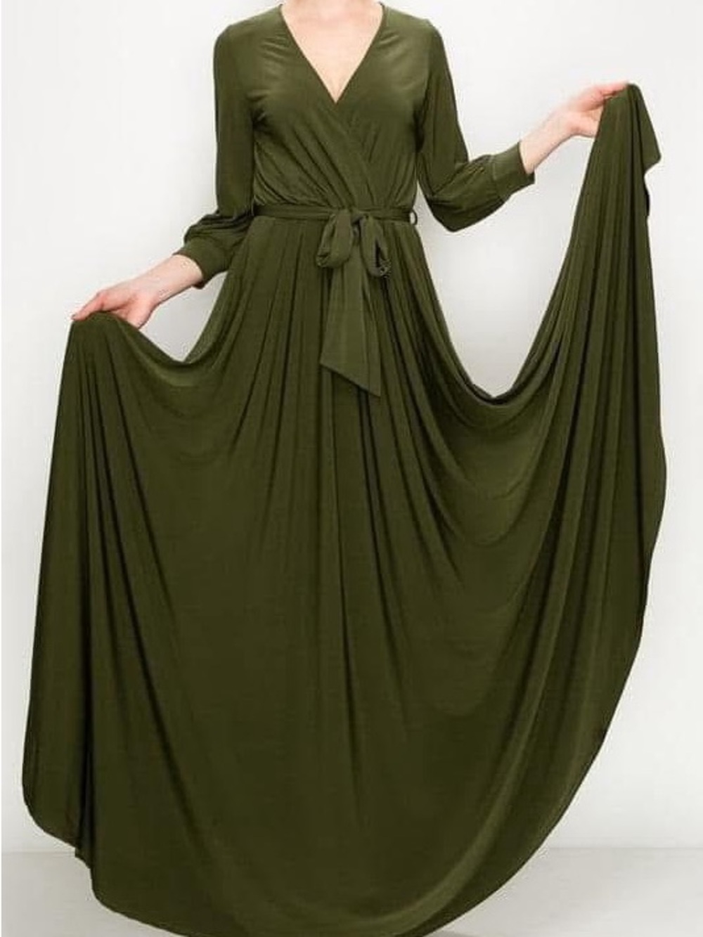 Olive Green Wrap Maxi Dress with Tie Waist